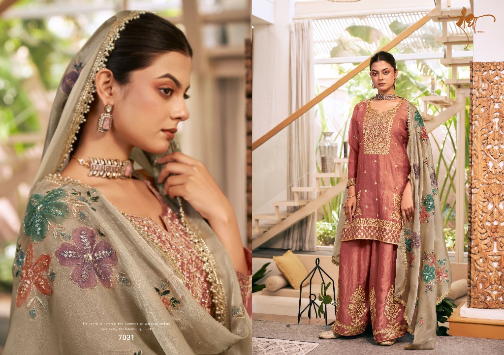RADHA TRENDZ SUNFLOWER WHOLESALE READYMADE HEAVY FENDY SILK PARTY WEAR PLAZZO STYLE 3 PCS SUITS EXPORTER