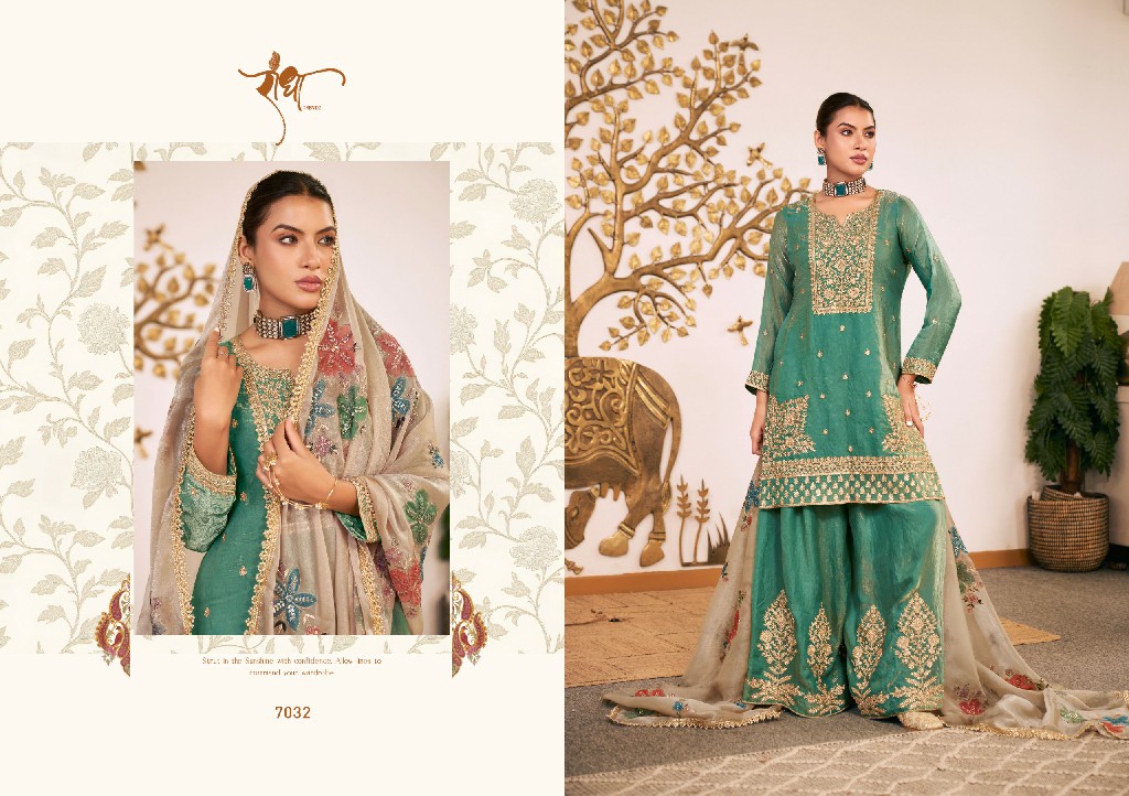 RADHA TRENDZ SUNFLOWER WHOLESALE READYMADE HEAVY FENDY SILK PARTY WEAR PLAZZO STYLE 3 PCS SUITS EXPORTER