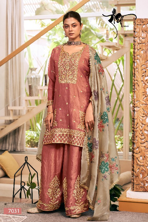 RADHA TRENDZ SUNFLOWER WHOLESALE READYMADE HEAVY FENDY SILK PARTY WEAR PLAZZO STYLE 3 PCS SUITS EXPORTER