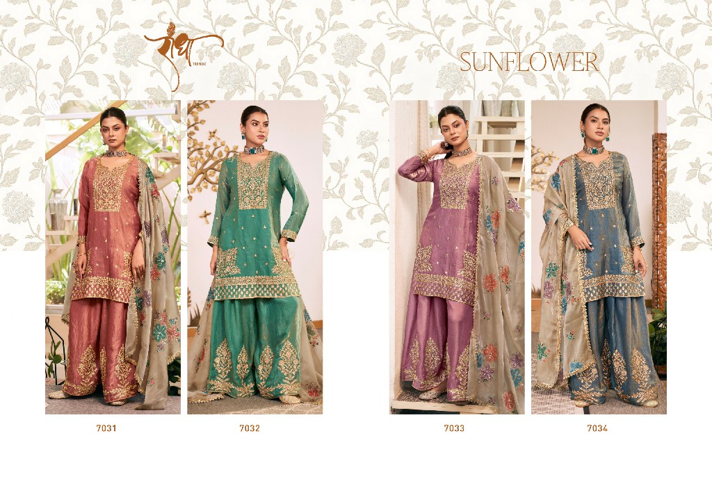 RADHA TRENDZ SUNFLOWER WHOLESALE READYMADE HEAVY FENDY SILK PARTY WEAR PLAZZO STYLE 3 PCS SUITS EXPORTER