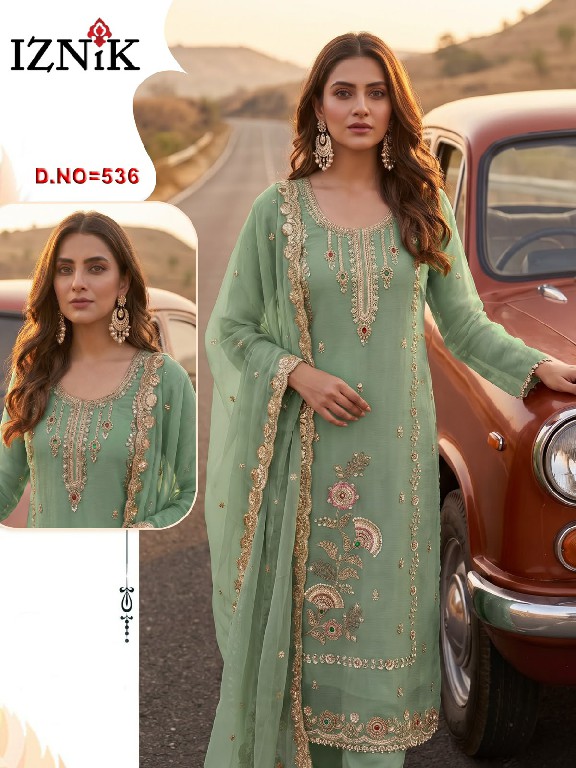 IZNIK FAB D.NO 536 WHOLESALE CHIFFON PAKISTANI HIT DESIGN UNSTITCH SALWAR SUITS EXPORTER