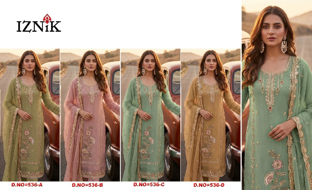 IZNIK FAB D.NO 536 WHOLESALE CHIFFON PAKISTANI HIT DESIGN UNSTITCH SALWAR SUITS EXPORTER