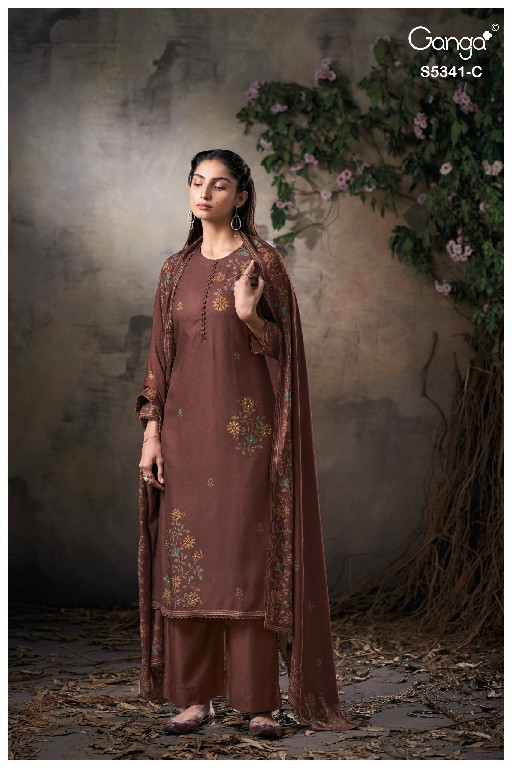 GANGA IVENEL S5341 WHOLESALE PURE WOOL PASHMINA WINTER CLASSIC UNSTITCH SALWAR SUITS SUPPLIER