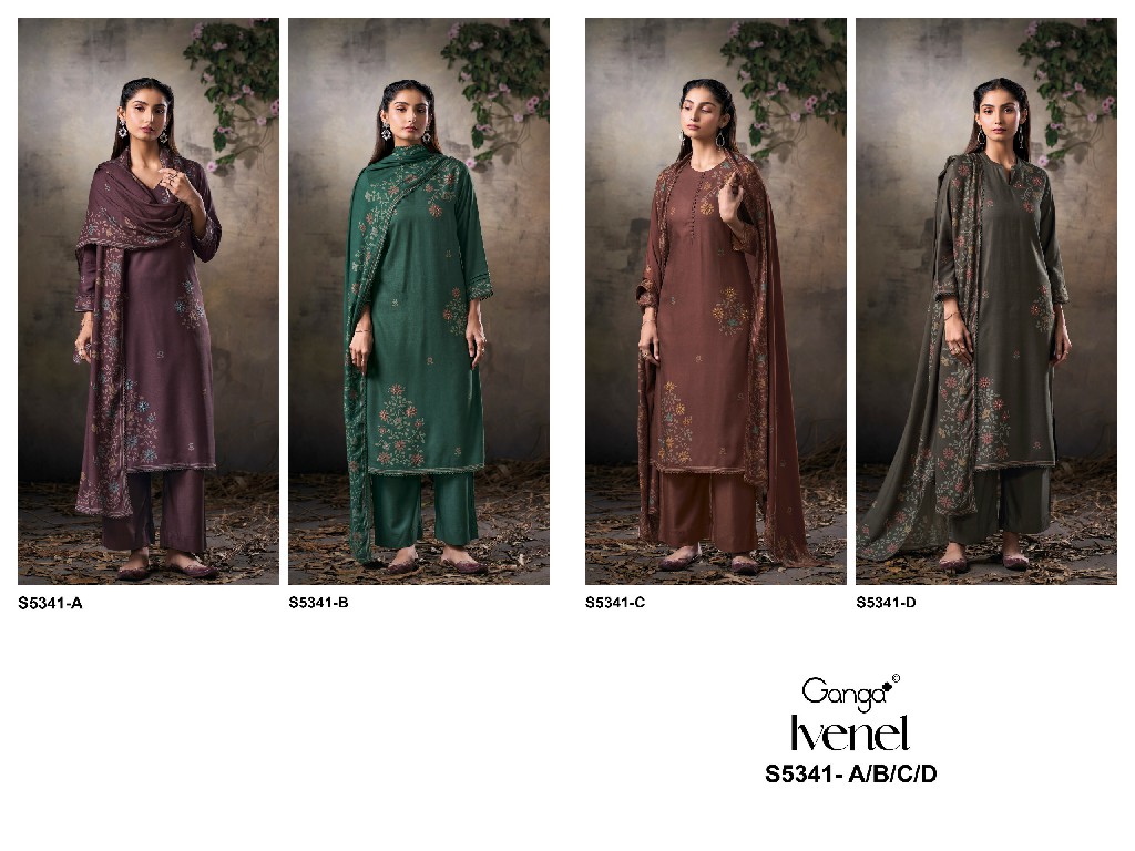 GANGA IVENEL S5341 WHOLESALE PURE WOOL PASHMINA WINTER CLASSIC UNSTITCH SALWAR SUITS SUPPLIER