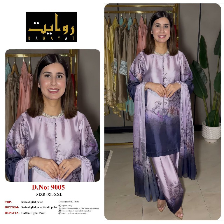 RAWAYAT D.NO 9002-9005-9008 TO 9011-9035-9045-9070-9071-9112-9105-9107-9108-9109 WHOLESALE READYMADE SATIN PRINTED FARSHI SALWAR STYLE 3 PCS SUITS EXPORTER
