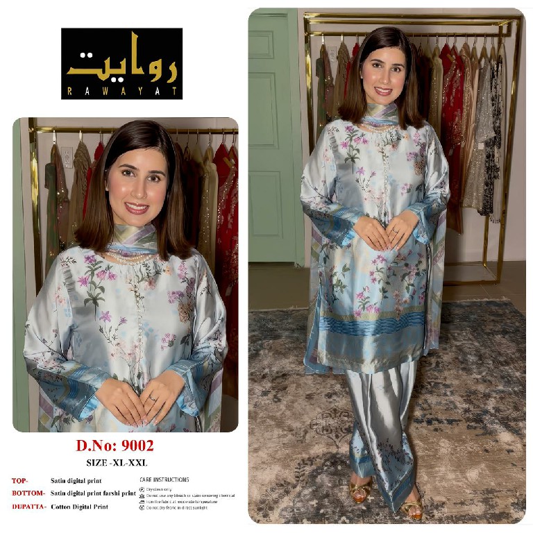 RAWAYAT D.NO 9002-9005-9008 TO 9011-9035-9045-9070-9071-9112-9105-9107-9108-9109 WHOLESALE READYMADE SATIN PRINTED FARSHI SALWAR STYLE 3 PCS SUITS EXPORTER