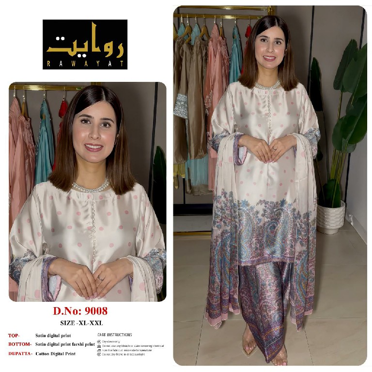 RAWAYAT D.NO 9002-9005-9008 TO 9011-9035-9045-9070-9071-9112-9105-9107-9108-9109 WHOLESALE READYMADE SATIN PRINTED FARSHI SALWAR STYLE 3 PCS SUITS EXPORTER