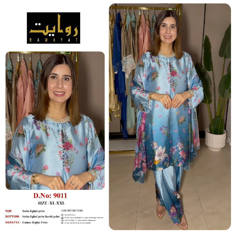 RAWAYAT D.NO 9002-9005-9008 TO 9011-9035-9045-9070-9071-9112-9105-9107-9108-9109 WHOLESALE READYMADE SATIN PRINTED FARSHI SALWAR STYLE 3 PCS SUITS EXPORTER