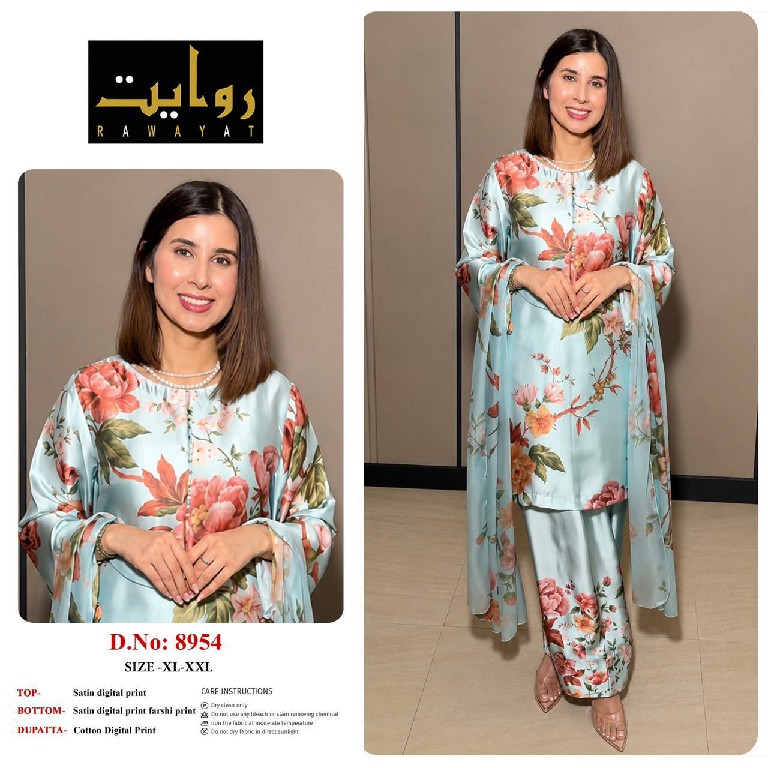 RAWAYAT D.NO 9002-9005-9008 TO 9011-9035-9045-9070-9071-9112-9105-9107-9108-9109 WHOLESALE READYMADE SATIN PRINTED FARSHI SALWAR STYLE 3 PCS SUITS EXPORTER
