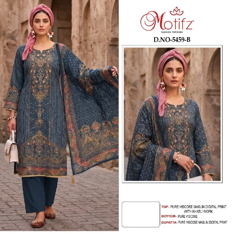 MOTIFZ D.NO 5459 WHOLESALE VISCOSE MUSLIN BEAUTIFUL UNSTITCH SALWAR KAMEEZ SUPPLIER