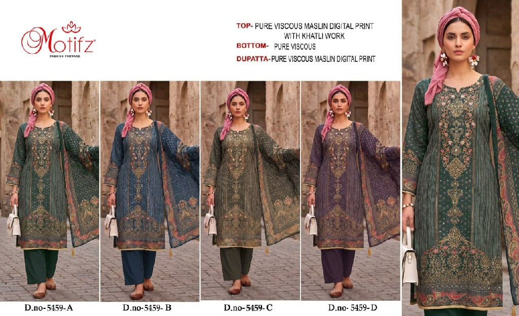 MOTIFZ D.NO 5459 WHOLESALE VISCOSE MUSLIN BEAUTIFUL UNSTITCH SALWAR KAMEEZ SUPPLIER