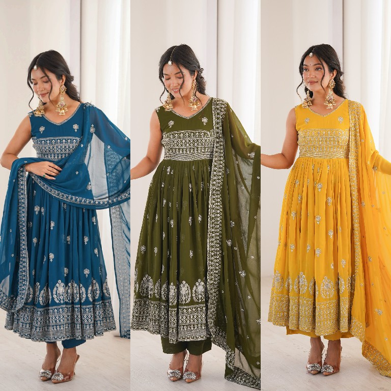 SP SERIES D.NO SP-91 WHOLESALE READYMADE HEAVY FAUX GEORGETTE PARTY WEAR ANARKALI STYLE 3 PCS SUITS SUPPLIER