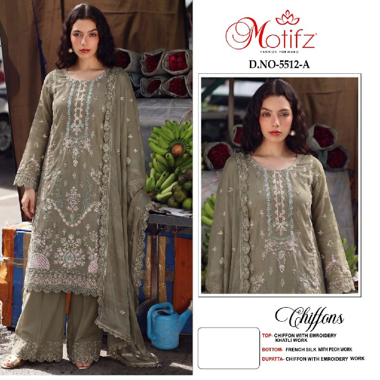 MOTIFZ D.NO 5512 WHOLESALE CHIFFON PAKISTANI POPULAR DESIGN UNSTITCH SALWAR SUITS EXPORTER