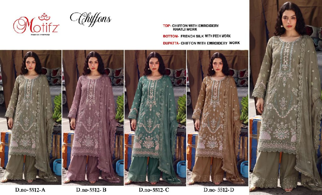 MOTIFZ D.NO 5512 WHOLESALE CHIFFON PAKISTANI POPULAR DESIGN UNSTITCH SALWAR SUITS EXPORTER