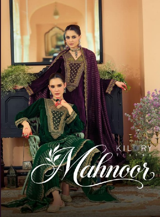 KILORY TRENDS MAHNOOR WHOLESALE PURE VELVET CRUSH WINTER AMAZING UNSTITCH SALWAR SUITS FOR EXPORT