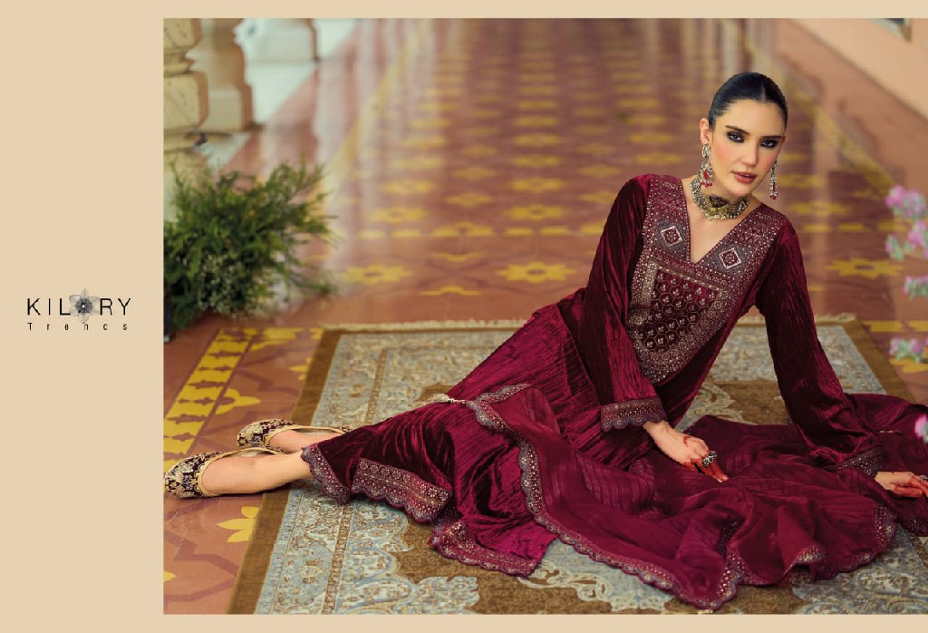 KILORY TRENDS MAHNOOR WHOLESALE PURE VELVET CRUSH WINTER AMAZING UNSTITCH SALWAR SUITS FOR EXPORT