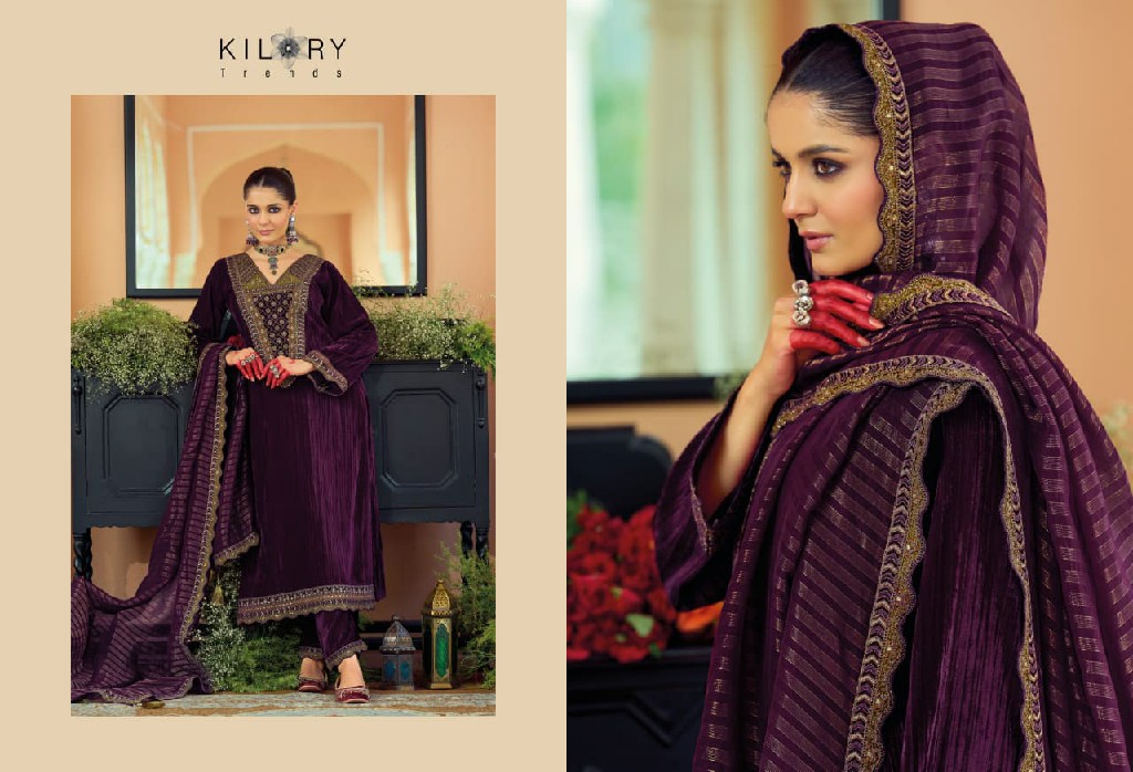 KILORY TRENDS MAHNOOR WHOLESALE PURE VELVET CRUSH WINTER AMAZING UNSTITCH SALWAR SUITS FOR EXPORT