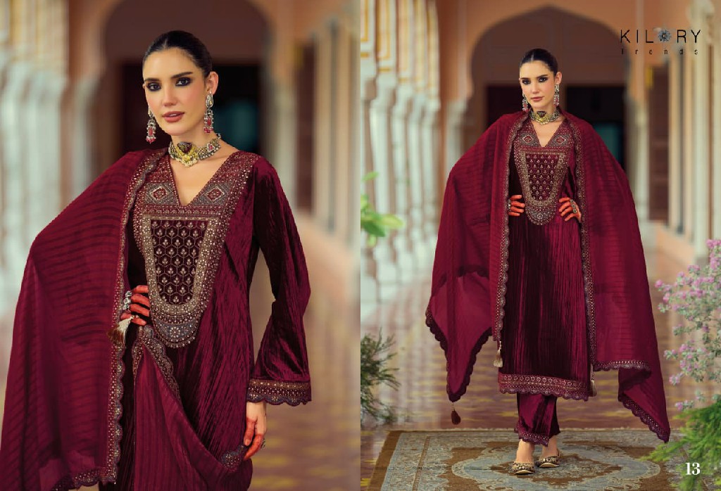 KILORY TRENDS MAHNOOR WHOLESALE PURE VELVET CRUSH WINTER AMAZING UNSTITCH SALWAR SUITS FOR EXPORT