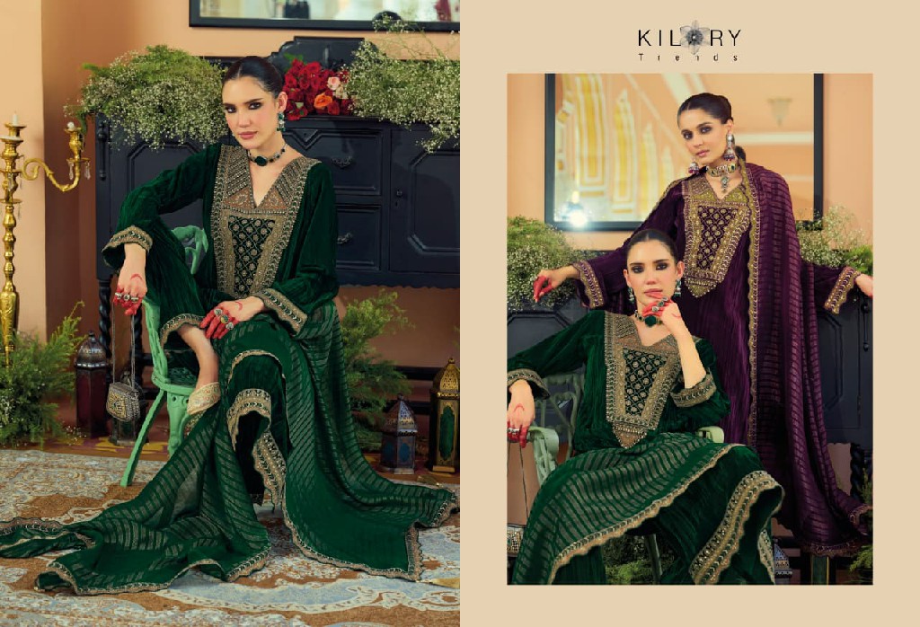 KILORY TRENDS MAHNOOR WHOLESALE PURE VELVET CRUSH WINTER AMAZING UNSTITCH SALWAR SUITS FOR EXPORT