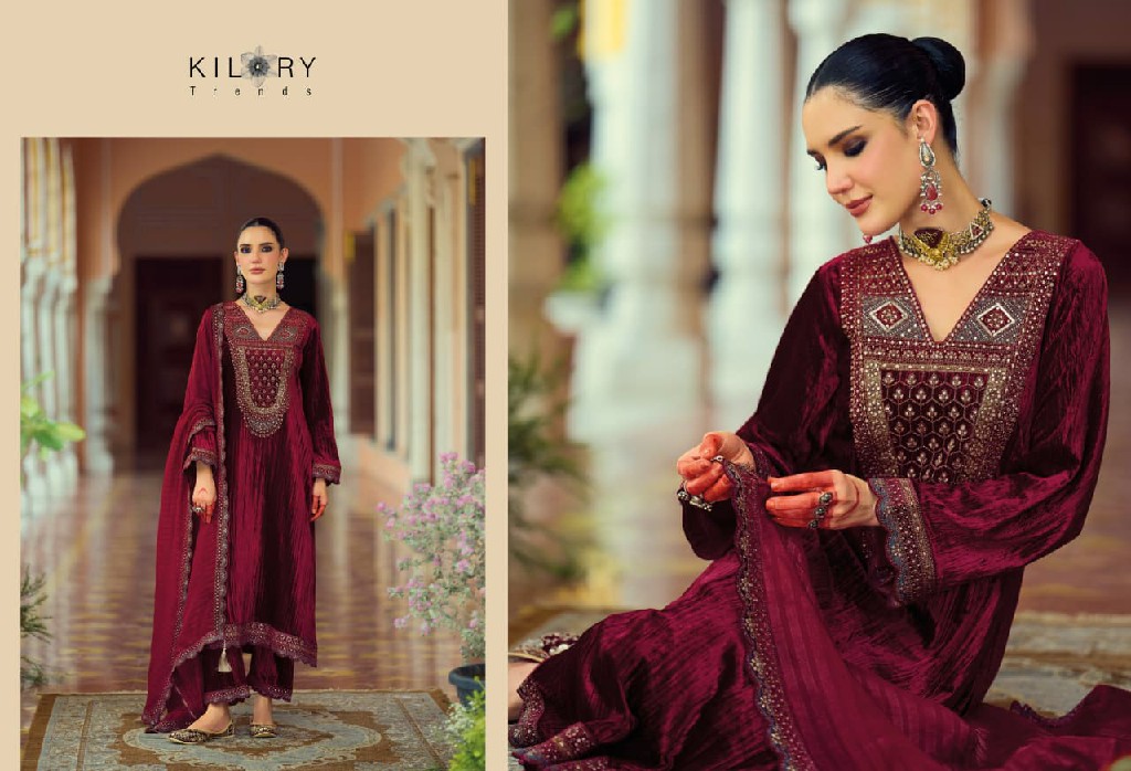 KILORY TRENDS MAHNOOR WHOLESALE PURE VELVET CRUSH WINTER AMAZING UNSTITCH SALWAR SUITS FOR EXPORT
