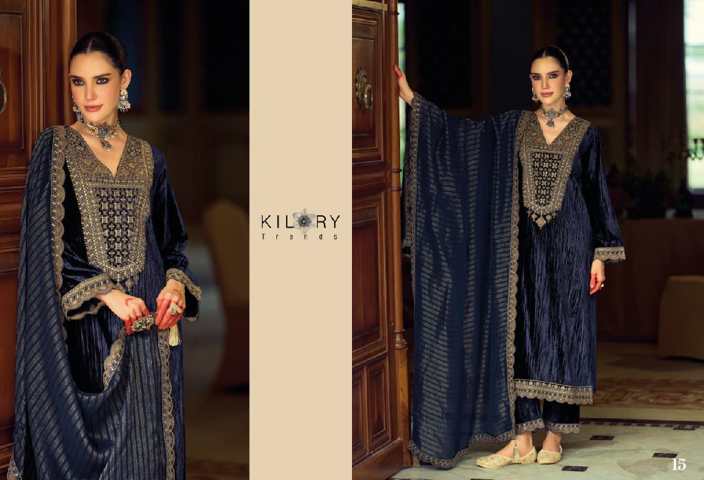 KILORY TRENDS MAHNOOR WHOLESALE PURE VELVET CRUSH WINTER AMAZING UNSTITCH SALWAR SUITS FOR EXPORT