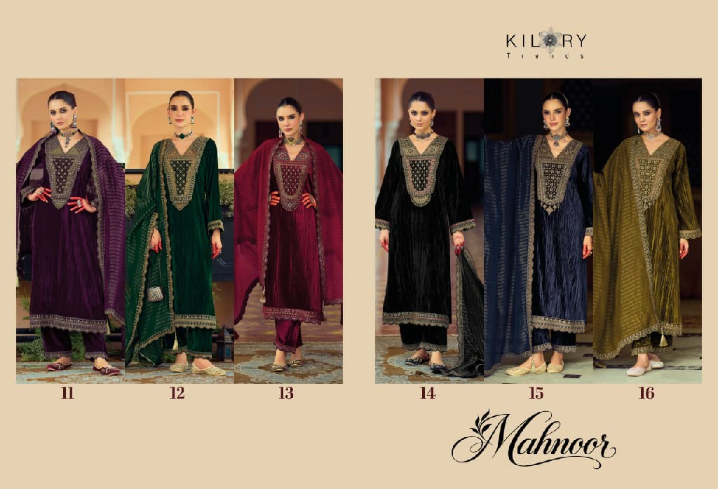 KILORY TRENDS MAHNOOR WHOLESALE PURE VELVET CRUSH WINTER AMAZING UNSTITCH SALWAR SUITS FOR EXPORT