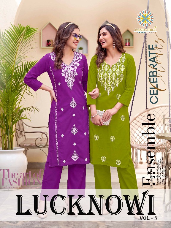 PASSION TREE LUCKNOWI VOL 3 WHOLESALE READYMADE DHABU COTTON FANCY LUCKNOWI WORK KURTI WITH PLAZZO FOR EXPORT