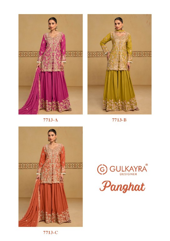 PANGHAT BY GULKAYRA DESIGNER WHOLESALE READYMADE REAL CHINON PARTY WEAR 3 PCS SUITS EXPORTER