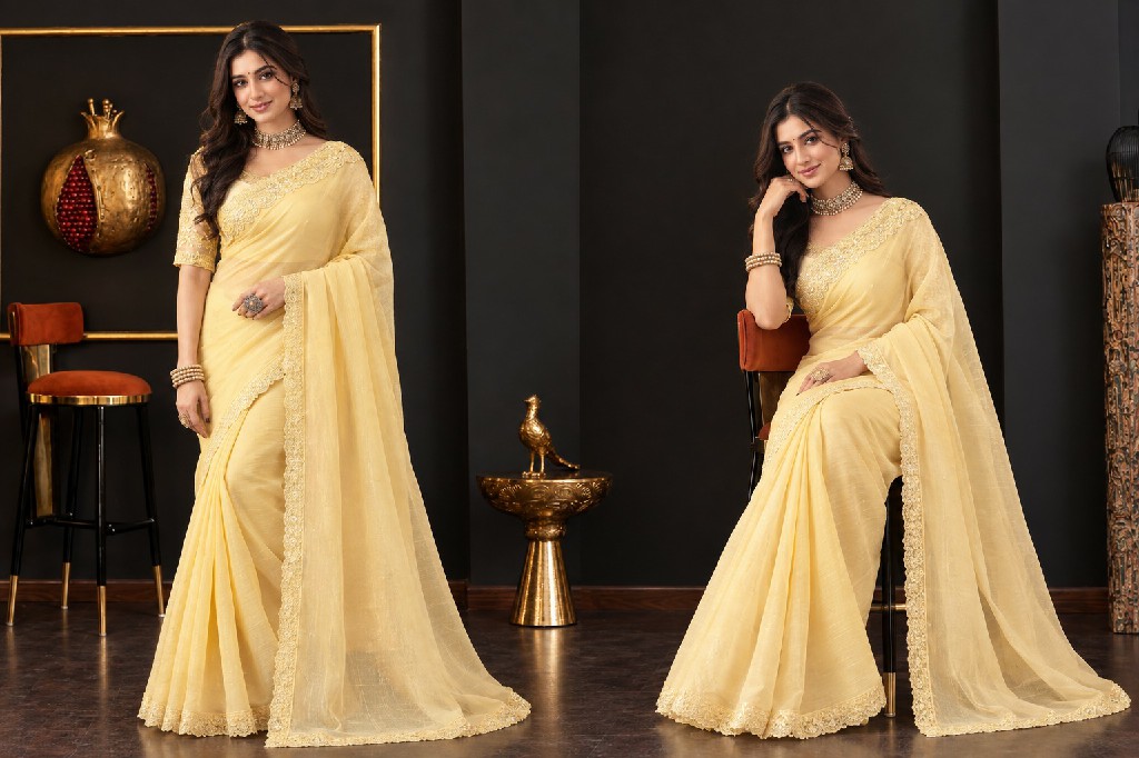 SUMA DESIGNER PRESENT GOLD CRUNCHY HEAVY WORK ELEGANCE INDIAN SAREES FOR WOMEN ONLINE