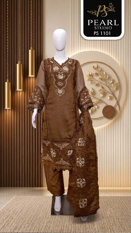 PEARL STUDIO D.NO 1101 WHOLESALE READYMADE ORGANZA EMBROIDERED PAKISTANI 3 PCS COMBO SET SUITS EXPORTER