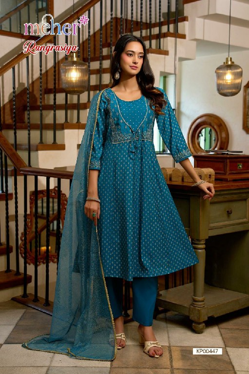 MEHER RANGRASIYA WHOLESALE READYMADE ROMAN SILK ELEGANT ANARKALI PATTERN 3 PCS COMBO SET SUITS FOR EXPORT