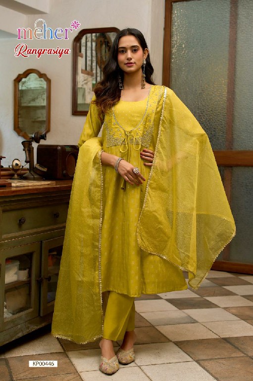 MEHER RANGRASIYA WHOLESALE READYMADE ROMAN SILK ELEGANT ANARKALI PATTERN 3 PCS COMBO SET SUITS FOR EXPORT
