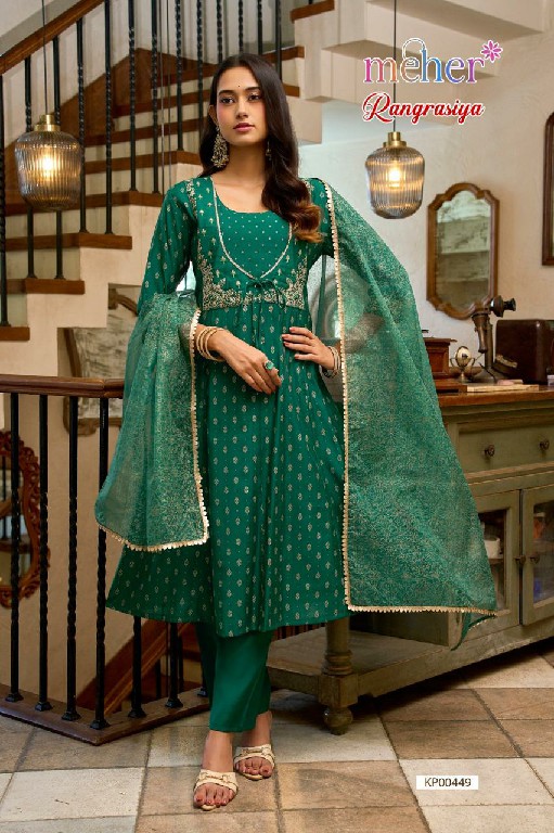 MEHER RANGRASIYA WHOLESALE READYMADE ROMAN SILK ELEGANT ANARKALI PATTERN 3 PCS COMBO SET SUITS FOR EXPORT