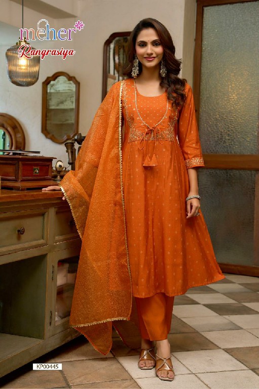 MEHER RANGRASIYA WHOLESALE READYMADE ROMAN SILK ELEGANT ANARKALI PATTERN 3 PCS COMBO SET SUITS FOR EXPORT