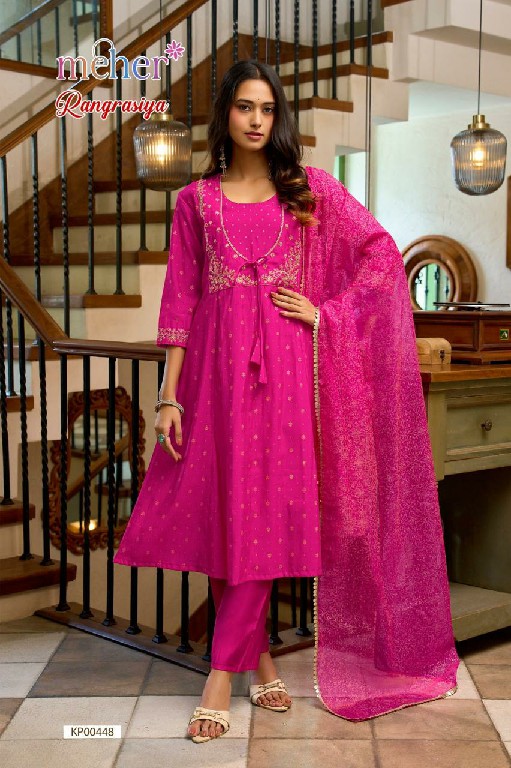 MEHER RANGRASIYA WHOLESALE READYMADE ROMAN SILK ELEGANT ANARKALI PATTERN 3 PCS COMBO SET SUITS FOR EXPORT