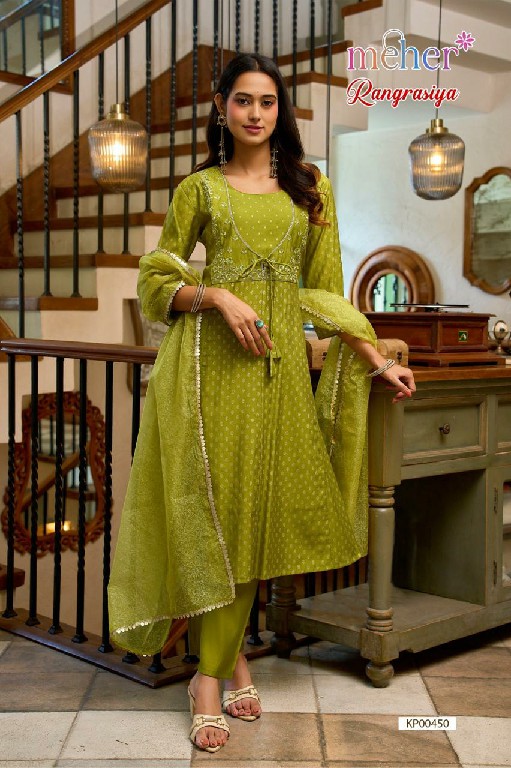 MEHER RANGRASIYA WHOLESALE READYMADE ROMAN SILK ELEGANT ANARKALI PATTERN 3 PCS COMBO SET SUITS FOR EXPORT