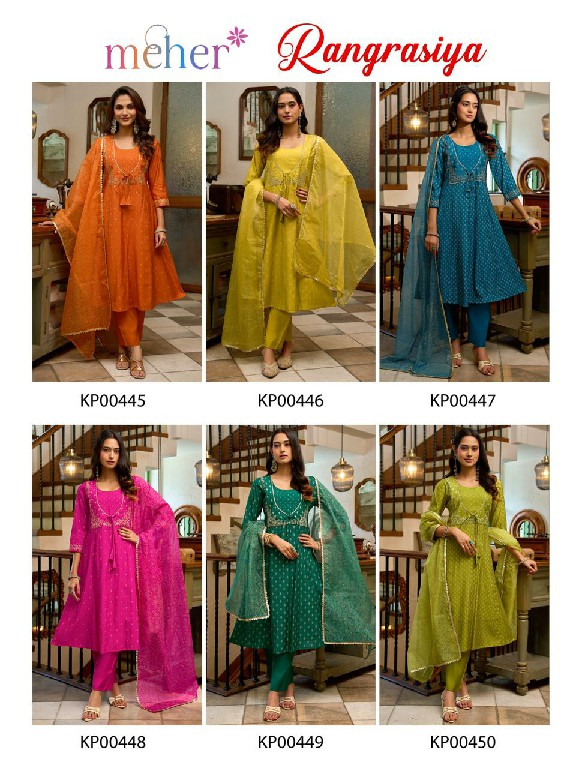 MEHER RANGRASIYA WHOLESALE READYMADE ROMAN SILK ELEGANT ANARKALI PATTERN 3 PCS COMBO SET SUITS FOR EXPORT