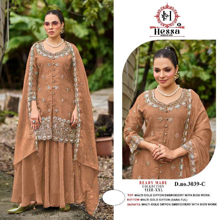HESSA D.NO 3039 WHOLESALE READYMADE MALTI GOLD CHIFFON BEATS WORK 3 PCS SUITS EXPORTER