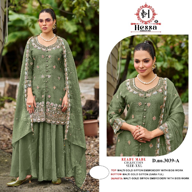 HESSA D.NO 3039 WHOLESALE READYMADE MALTI GOLD CHIFFON BEATS WORK 3 PCS SUITS EXPORTER