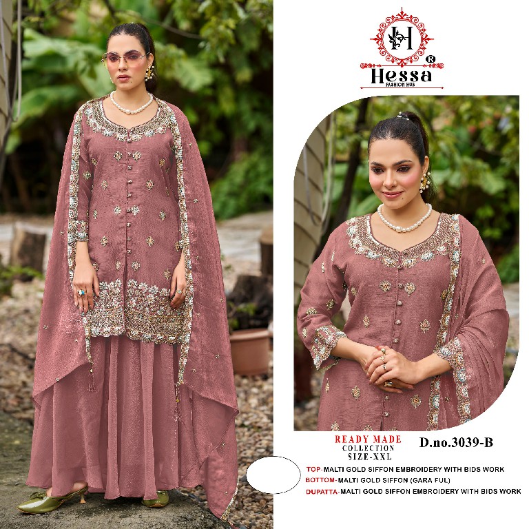 HESSA D.NO 3039 WHOLESALE READYMADE MALTI GOLD CHIFFON BEATS WORK 3 PCS SUITS EXPORTER