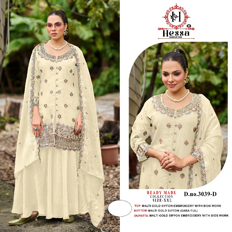 HESSA D.NO 3039 WHOLESALE READYMADE MALTI GOLD CHIFFON BEATS WORK 3 PCS SUITS EXPORTER