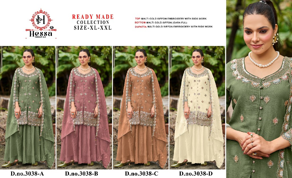 HESSA D.NO 3039 WHOLESALE READYMADE MALTI GOLD CHIFFON BEATS WORK 3 PCS SUITS EXPORTER