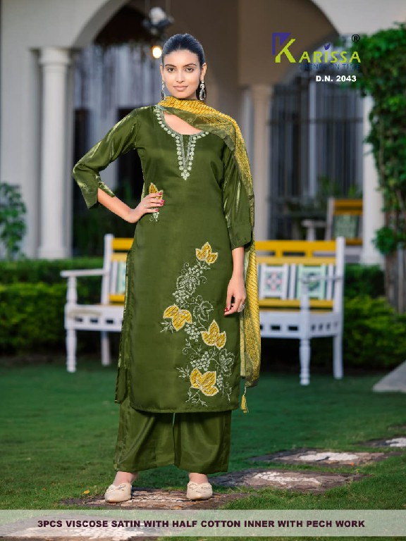 KARISSA D.NO 2033 TO 2044 WHOLESALE READYMADE VISCOSE SATIN CLASSIC FABULOUS 3 PCS COMBO SET SUITS FOR EXPORT