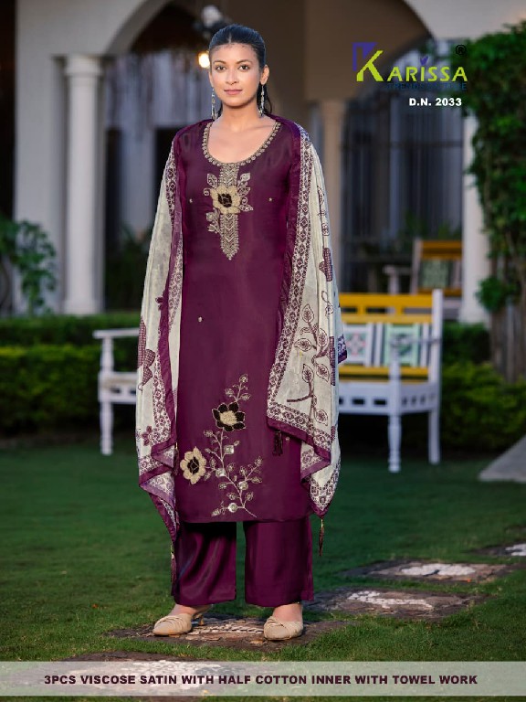 KARISSA D.NO 2033 TO 2044 WHOLESALE READYMADE VISCOSE SATIN CLASSIC FABULOUS 3 PCS COMBO SET SUITS FOR EXPORT