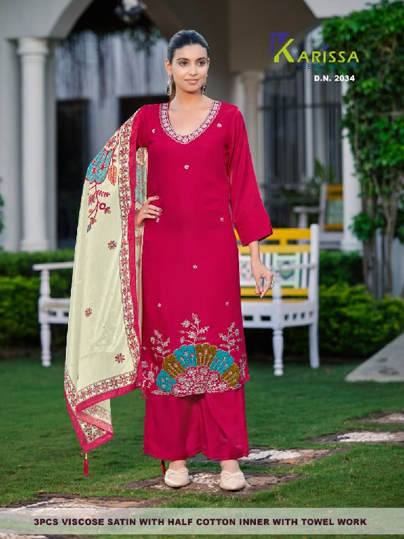 KARISSA D.NO 2033 TO 2044 WHOLESALE READYMADE VISCOSE SATIN CLASSIC FABULOUS 3 PCS COMBO SET SUITS FOR EXPORT