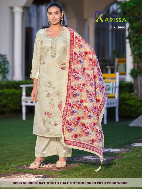 KARISSA D.NO 2033 TO 2044 WHOLESALE READYMADE VISCOSE SATIN CLASSIC FABULOUS 3 PCS COMBO SET SUITS FOR EXPORT