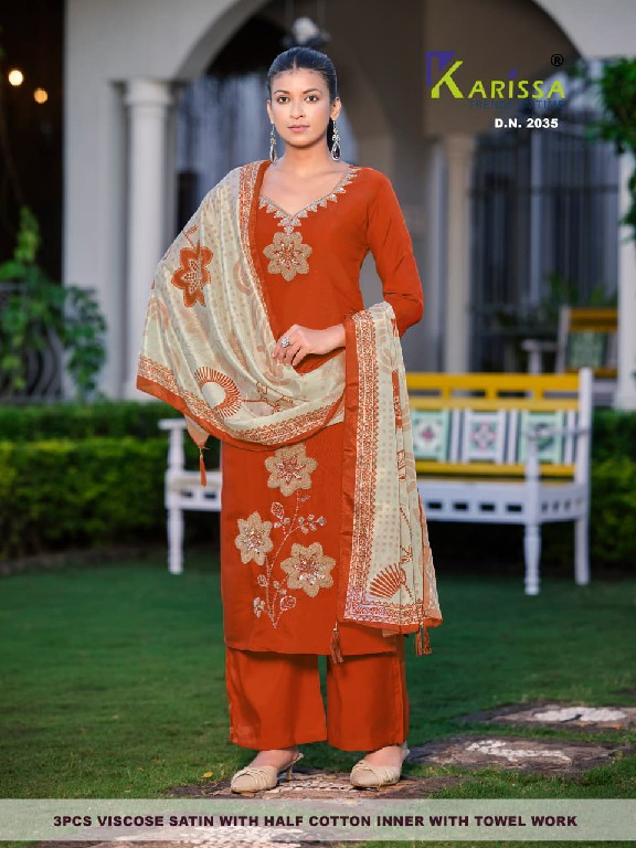 KARISSA D.NO 2033 TO 2044 WHOLESALE READYMADE VISCOSE SATIN CLASSIC FABULOUS 3 PCS COMBO SET SUITS FOR EXPORT