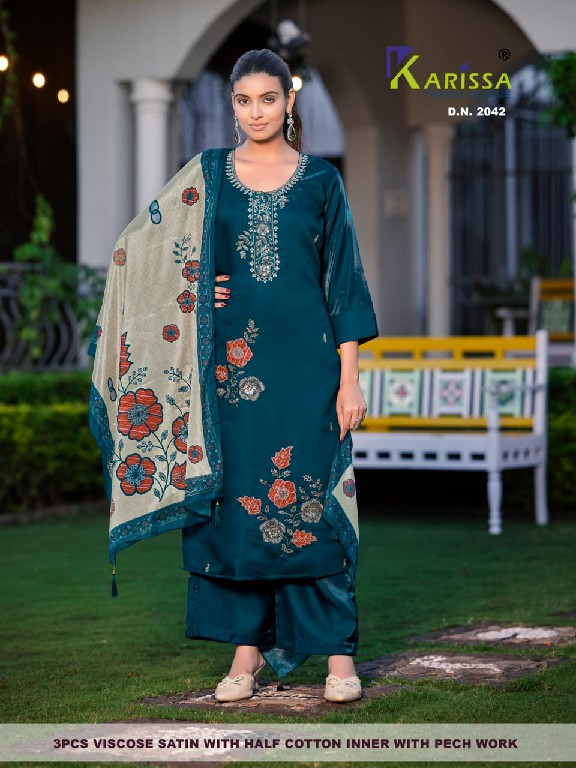 KARISSA D.NO 2033 TO 2044 WHOLESALE READYMADE VISCOSE SATIN CLASSIC FABULOUS 3 PCS COMBO SET SUITS FOR EXPORT