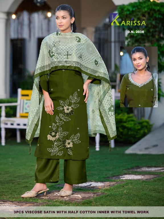 KARISSA D.NO 2033 TO 2044 WHOLESALE READYMADE VISCOSE SATIN CLASSIC FABULOUS 3 PCS COMBO SET SUITS FOR EXPORT