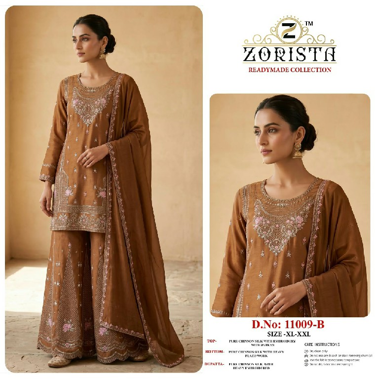ZORISTA D.NO 11009 WHOLESALE READYMADE CHINON SILK PAKISTANI FUNCTION WEAR 3 PCS SUITS SUPPLIER